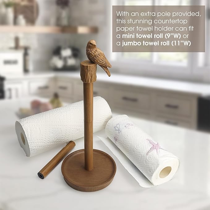 Paper Towel Holder Countertop, Faux Wood Color Paper Towel Stand with Bird Design Top