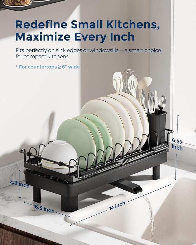 Nacial Small Dish Drying Rack with Utensil Holder, Expandable Dish Rack Over Sink with Auto-Drain Tray, Compact Dish Drainer for Kitchen Counter, Stainless Steel Dish Rack Fits 14''–21.8'' Sink, Black