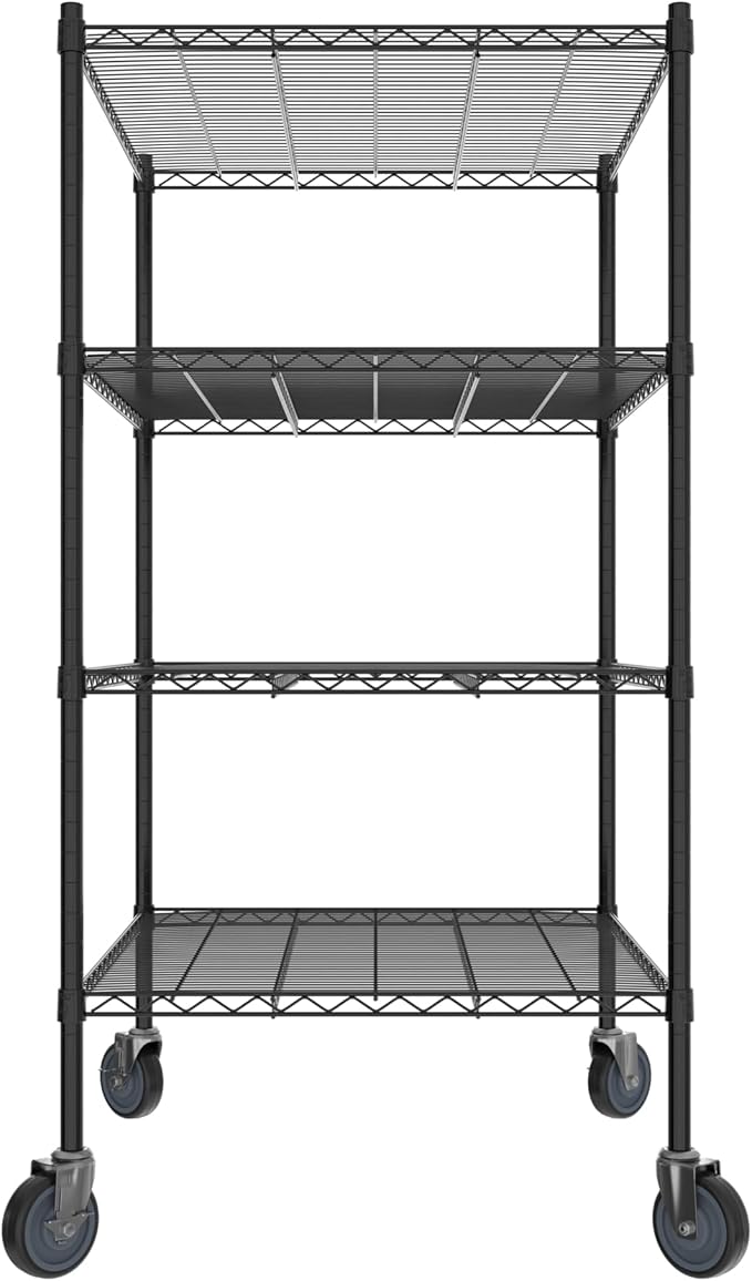 Commercial NSF Listed Black Epoxy Mobile Wire Shelving Kit 30" x 36" x 60", with 4 Shelves Perfect for Warehouse, Walk-in Refrigerator, Freezer, Grocery Store, Restaurant, Dishroom