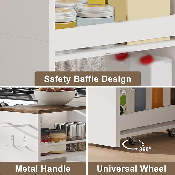 ChooChoo 4-Tier Slim Storage Cart, 7.87 inches Wide Narrow Storage Cabinet with 360° Wheels and 2 Hooks, Space-Saving Organizer for Kitchen, Narrow Places, Dining Room, Walnut+White