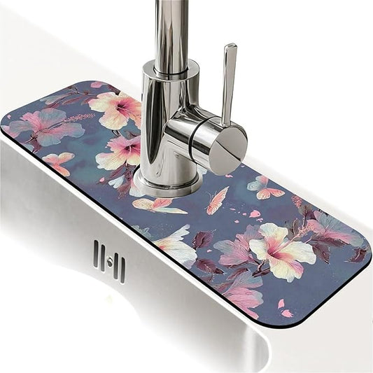 Kitchen Sink Splash Guard，Japanese camellia butterfly Faucet Mat Sink Gadgets-Super Absorbent Fast Drying Mat Drip Catcher for Kitchen, Bathroom,Sink Mat, Dish Drying Mat, Bathroom(15" X 5.5" )