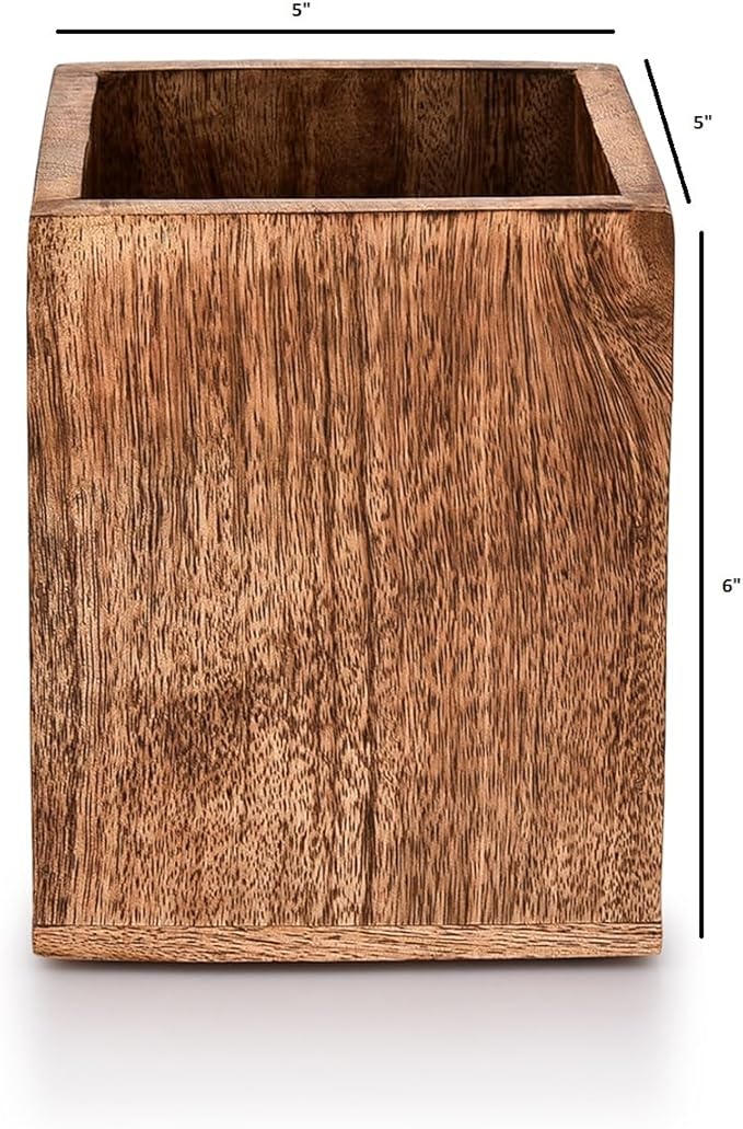 Samhita Mango Wood Burning Finished Kitchen Utensil Holder for Countertop, Utensil Holder Container for Kitchen Cooking Utensil. ( 5"x 5"x 6")