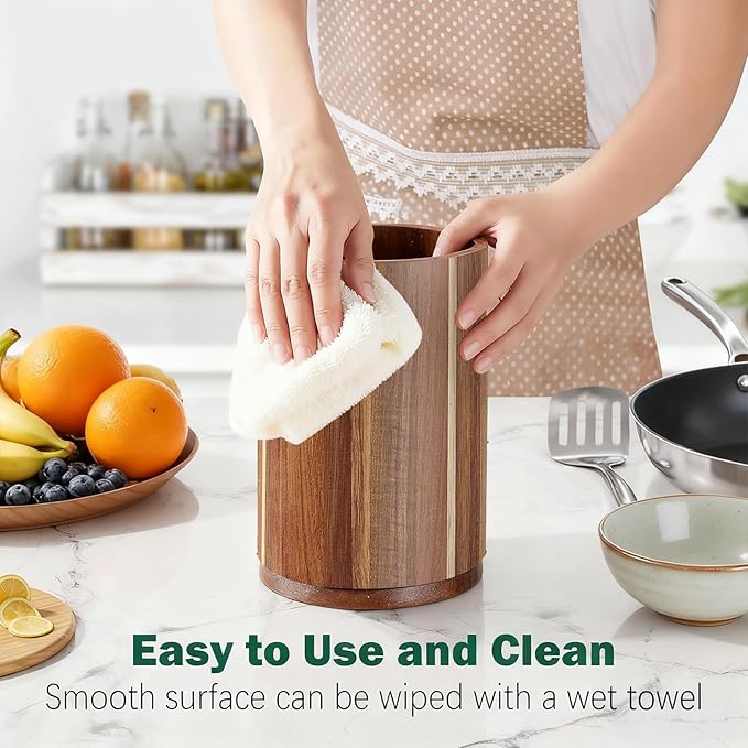Acacia Wood Utensil Holder - 360° Rotating Countertop Organizer with Non-Slip Base, Large Capacity Kitchen Utensil Crock for Spatula, Spoon & Cooking Tools(2pcs)
