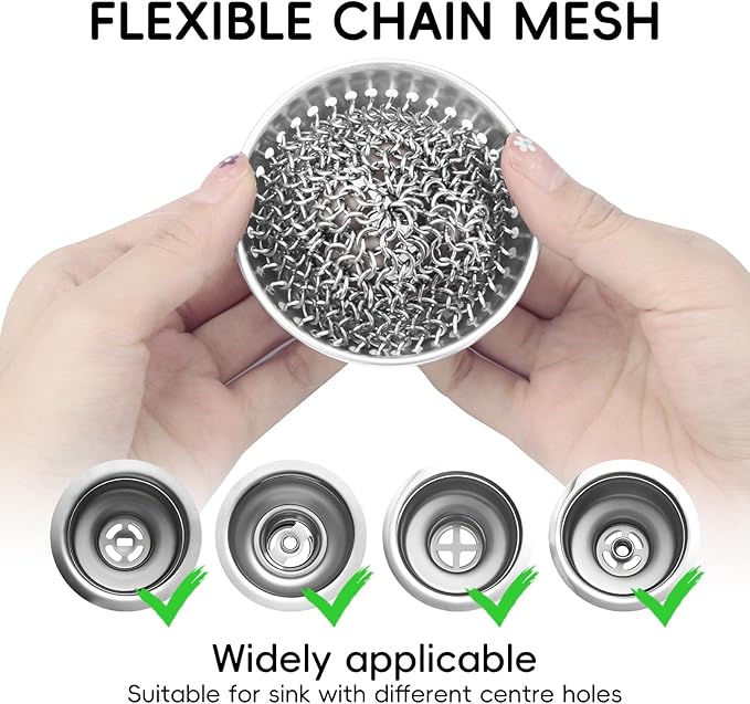 Kitchen Sink Strainer (1-Set Silver): with Adapter, Flexible Insert Chain Mesh Screen. 304 Stainless Steel, Clog-Free Catcher for Universal Sizes (Garbage Disposal)