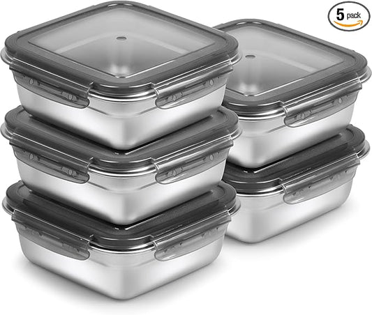 5 Pack Sandwich Containers, 24oz Stainless Steel Sandwich Box with Airtight Lids, Reusable Metal Meal Prep Lunch Boxes, BPA-Free, Dishwasher Safe, Food Storage Containers for Families (Black)