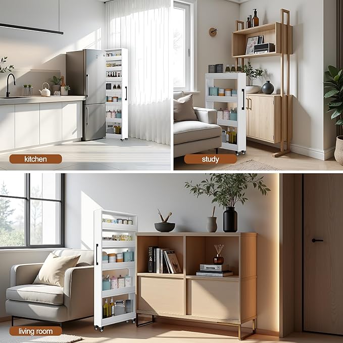 7-Tier Slim Rolling Storage Cart, Wooden Narrow Pantry Cabinet with Wheels, Tall Space-Saving Shelf Organizer for Kitchen, Laundry, Bathroom (Orange, 47.2" H*7.8" W*23.6" D)