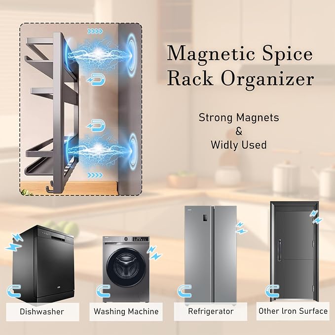 Magnetic Spice Rack for Refrigeratorwith 8-Hook, Magnetic Paper Towel Holder, with Strong Adhesion, Rust-Proof & Space-Saving Design for Kitchen, Bathroom(2 Tier Refrigerator Shelf)