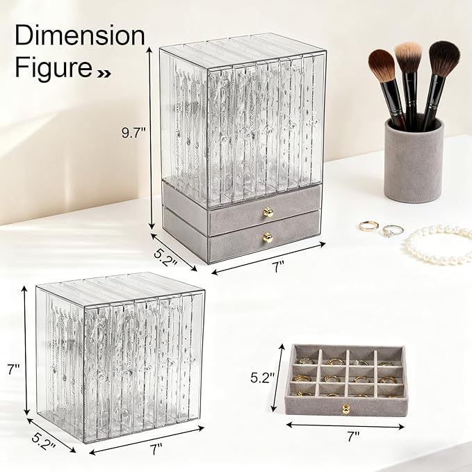 Greenfeather Jewelry Organizer with 7 Removable Drawers, Clear Acrylic Jewelry Box with 40 Necklace Hooks, 120 Pairs of Earring Holes, 2 Velvet-Lined Drawers for Rings, Necklaces, Earrings,Gray