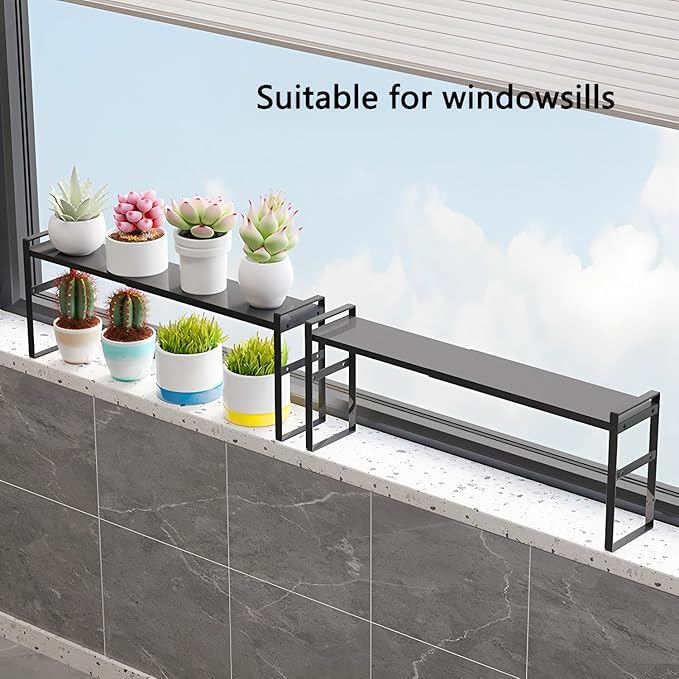 Expandable & Stackable Window Sill Narrow Shelf, 3.5" Wide, 13.8-23.6" Length, Kitchen Countertop Organizer, Over Sink Plant Rack, Storage Cabinet Shelf Riser, Black, 2pcs