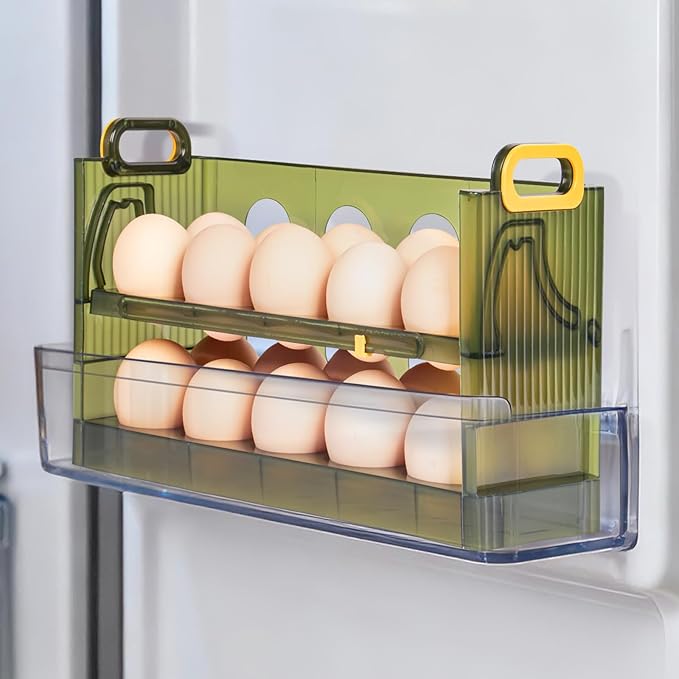 20 Egg Holder for Fridge, 2 Tiers Clear Stackable Stand Tray with Drawer for Refrigerator, Can See Freshness in a Timed Manner, for Refrigerator, Countertop with Handle