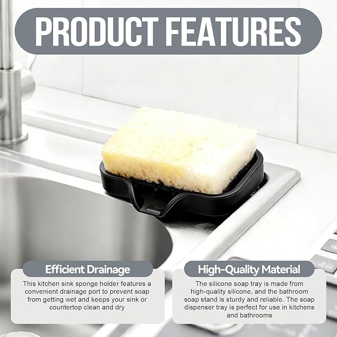 Sponge Holder with Drain Spout, 4.7" x 3.6" Bathroom and Kitchen Sink Organizer, Dish Soap Tray for Sponges, Scrubbers, Dispensers, Dish Brushes, Spoons & Other Sink Items, Dishwasher Safe (Black)