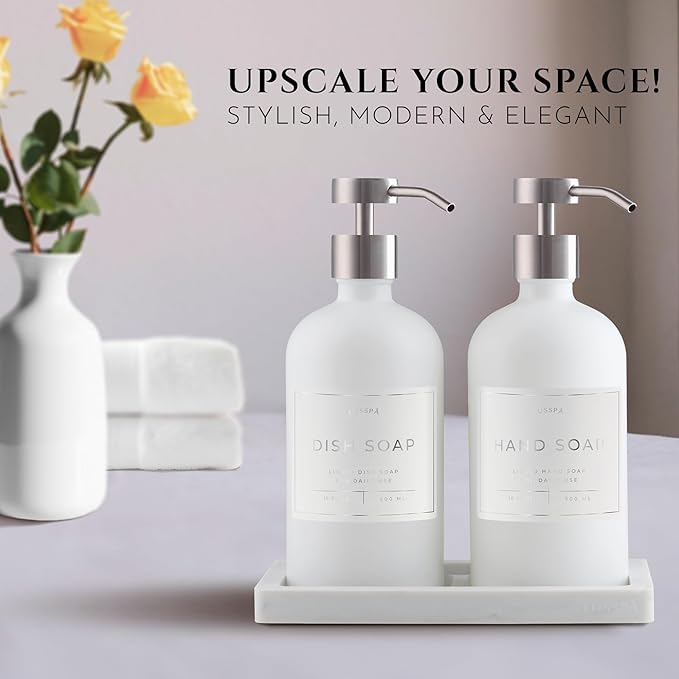 Lotion, Hand & Dish Soap Dispenser for Kitchen & Bathroom | Soap Dispenser Set of 2 16.8 Oz Glass Bottles with Stainless Steel Pump, 15 Water Proof Labels & Silicon Tray (White/Silver)