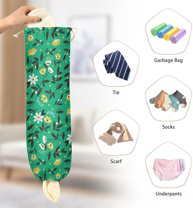 2 PCS Plastic Bag Holder - Wall Mount Grocery & Trash Bag Storage Organizer - 22 x 9 Inch - Small Flowers - Green