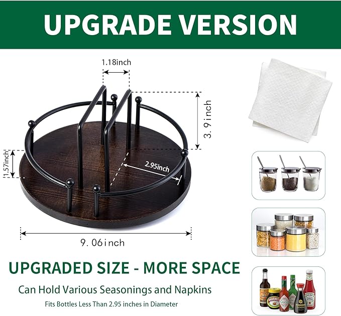 Napkin Holder for Table,360° Rotating Lazy Susan Turntable Organizer for Cabinet,9 inches Kitchen Table Decor&Counter Tray Can Hold Salt and Pepper Shakers (Dark brown)
