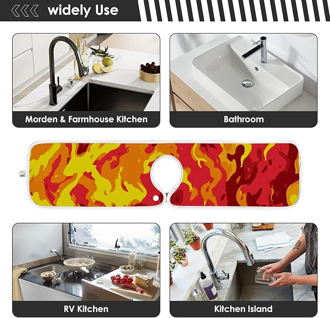 2 PCS Kitchen Sink Splash Guard 30 Inch Faucet Mat for Kitchen Sink Bathroom Sink Faucet Absorbing Drip Drain Mat Pad Microfiber Soft Washable Red and Yellow Flame