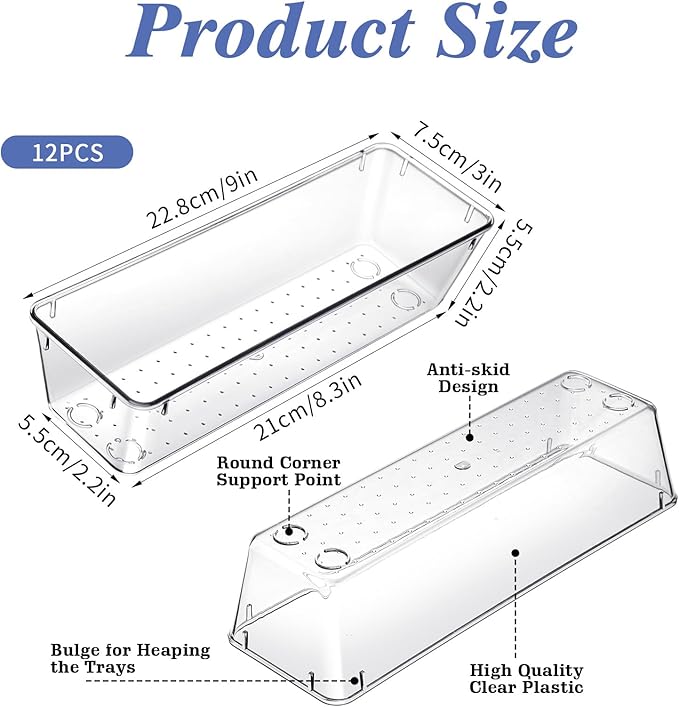 12 Pack Clear Plastic Kitchen Drawers Organizer 9 * 3 * 2 Inch Stackable Storage Trays for Kitchen Utensils Makeup Jewelry Office Supplies Bathroom and Dressing Table