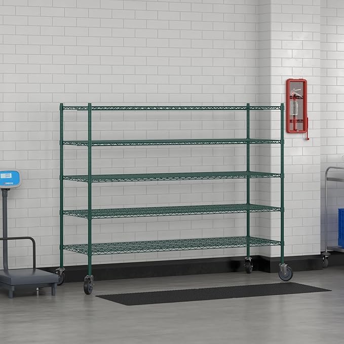 Commercial NSF Listed Green Epoxy Mobile Wire Shelving Kit 24" x 72" x 60", with 5 Shelves Perfect for Warehouse, Walk-in Refrigerator, Freezer, Grocery Store, Restaurant, Dishroom