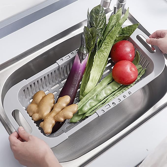 MineSign Extendable Over the Sink Colander Fruits and Vegetables Drain Basket Adjustable Strainer Sink Washing Basket for Kitchen (White)