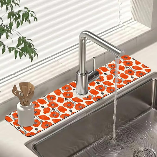 Sink Faucet Absorbing Mat Poppy Flowers Sink Splash Guard Drying Mat for Kitchen Bathroom Faucet Sinkmat 23.5"X5.5"