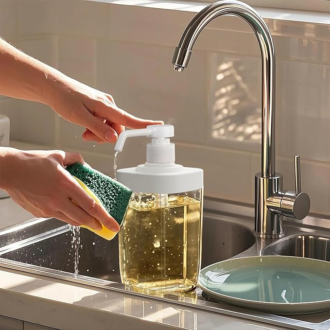 Kitchen Soap Dispenser with Sponge Holder, 800ml Large Capacity Dish Soap Dispenser Caddy, Shatterproof & Rustproof Sink Organizer with Extended Tube, Removable Caddy - Free Funnel Included (Black)