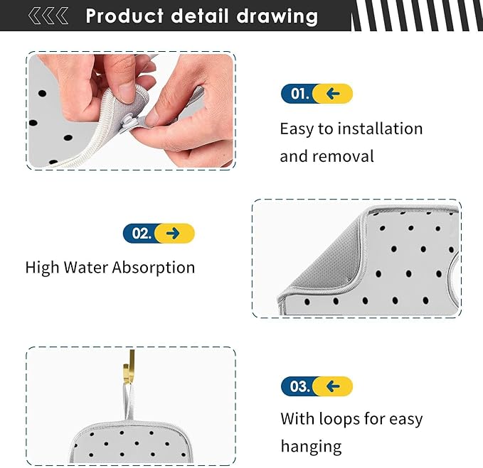 2 PCS Kitchen Sink Splash Guard 23.6 Inch Faucet Mat for Kitchen Sink Bathroom Sink Faucet Absorbing Drip Drain Mat Pad Microfiber Soft Washable Black and White Polka Dot