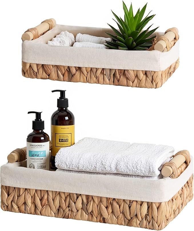 Water Hyacinth Woven Storage Baskets with Wooden Handles, Natural Decorative Organizer Bins with Liner for Bathroom, Countertop, Shelf & Toilet Tank – Set of 2