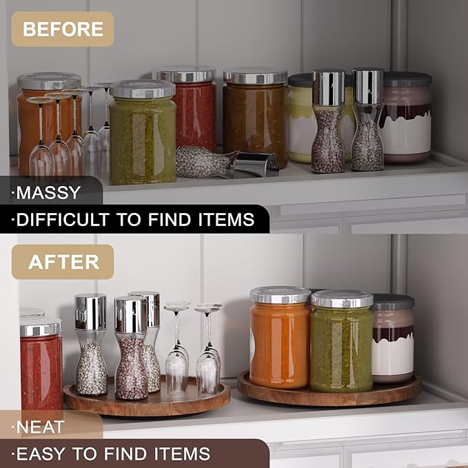 Lazy Susan Organizer for Kitchen,Acacia Wood Turntable for Cabinet, Pantry, Table, Countertop, Vanity, Spice Rack（Small）