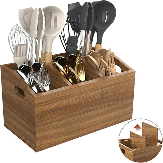 Wooden Kitchen Utensil Holder for Countertop or Wall, Extra Large Acacia Wood Utensil Holder Organizer with 5 Compartments, Rustic Utensil Caddy for Cooking Tools & Silverware