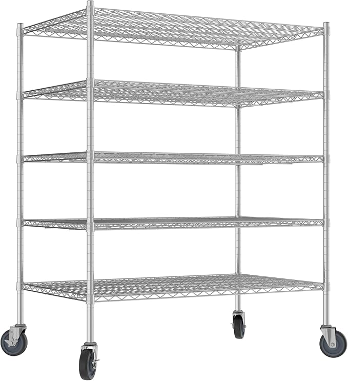 Commercial NSF Listed Chrome Mobile Wire Shelving Kit 30" x 48" x 60", with 5 Shelves Perfect for Warehouse, Walk-in Refrigerator, Freezer, Grocery Store, Restaurant, Dishroom