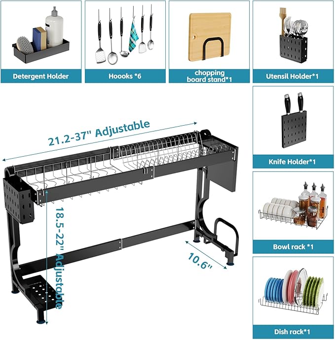 MINGLING Over Sink Dish Drying Rack Kitchen Dish Rack Over Sink Height & Width Adjustable Large Over Sink Dish Drainer Rack Full Stainless Steel (W21.2-37" ~ H18.5-22" Black)