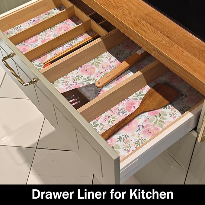 Amiitay Peach Peony Shelf and Drawer Liner for Kitchen,Non-Adhesive and Strong Non-Slip Floral Cabinet Drawer Liners for Kitchen Shelf, Waterproof Cupboard Liners,Easy to Clean,12IN x 10FT