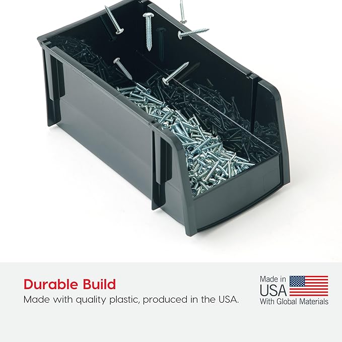 IRIS USA Medium Stackable Storage Bins, 4-Pack, 11"L x 6"W x 5"H, |Made in USA|, Plastic Open Front Shelf Bin for Organizing Parts, Hardware, Tools, Supplies, Garage Shelf, Pantry - Black