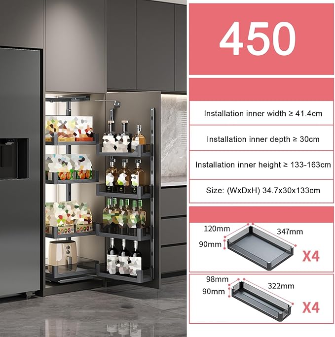 WIGING 4-Tier Narrow Cabinet Pull-Out Basket, High Cabinet Pull-Out Storage Rack with Adjustable Dividers for Kitchen Bathroom Pantry, Single-Layer Load Capacity: 15kg(34.7x30x133cm)