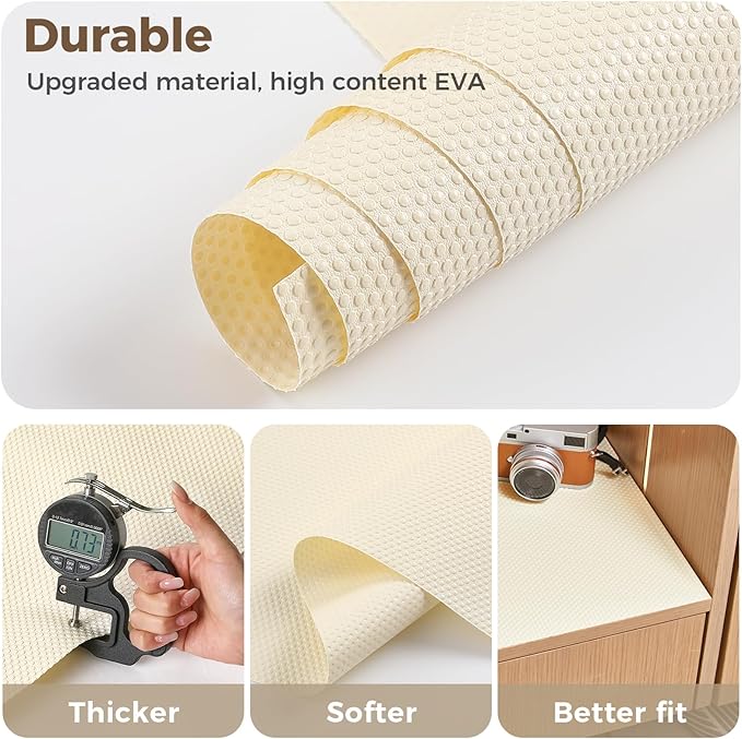 ALIUNI 100% EVA Shelf Liner for Kitchen Cabinet, 24" x 120" Drawer Liners Non Adhesive Non Slip Waterproof Plastic Paper, Dresser Pantry Bathroom Refrigerator Protector, Cream