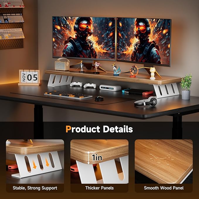 Dual Monitor Stand Riser, 39 Inch Large Wood Monitor Stands for 2 Monitors, Desk Monitor Riser for Computer/Laptop/Printer/TV, Stand Riser up to 220 lbs