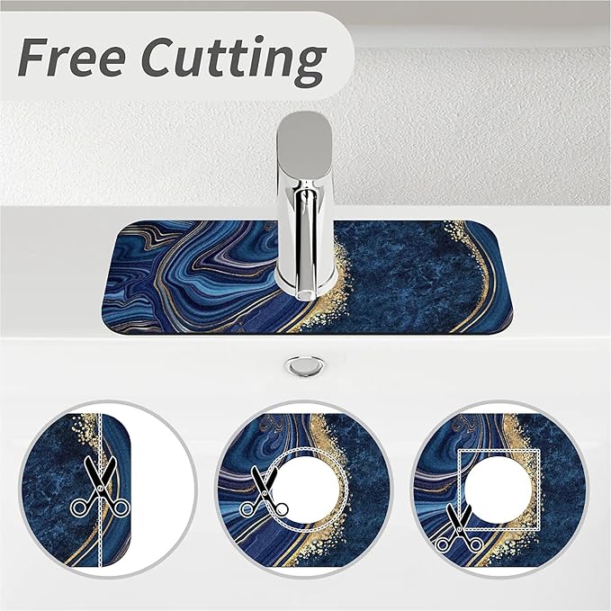 Kitchen Sink Splash Guard，Dark blue gold marble Faucet Mat Sink Gadgets-Super Absorbent Fast Drying Mat Drip Catcher for Kitchen, Bathroom,Sink Mat, Dish Drying Mat, Bathroom(15" X 5.5" )