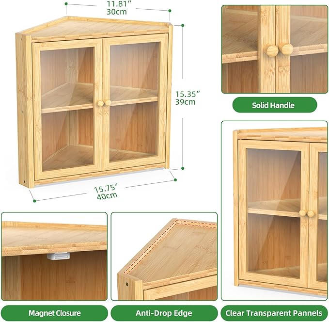 BAMBANG Corner Bread Box for Kitchen Countertop, Double Layer Bamboo Bread Storage Container with 2 Doors, Farmhouse Large Bread Bin Counter Top, Wooden Breadbox Holder for Homemade Bread, Natural