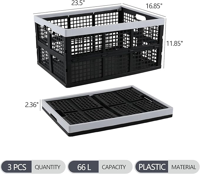 Zopnny 66 L Large Plastic Collapsible Storage Basket, Heavy Duty Stackable Storage Crate, 3 Packs