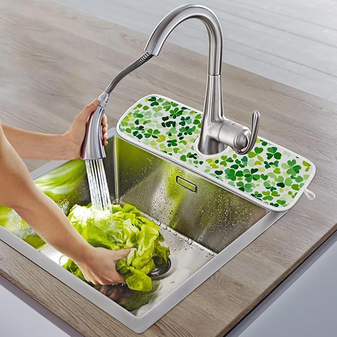 2 PCS Kitchen Sink Splash Guard 30 Inch Faucet Mat for Kitchen Sink Bathroom Sink Faucet Absorbing Drip Drain Mat Pad Microfiber Soft Washable Green St Patrick Clovers
