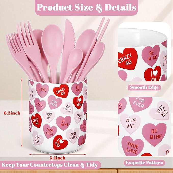 Valentine's Day Ceramic Utensil Holder 6.3 Inch Love Words Home Kitchen Utensil Crock for Anniversary Countertop Storage Organizer Container Dining Table Decor Wedding Gift(Love Words)