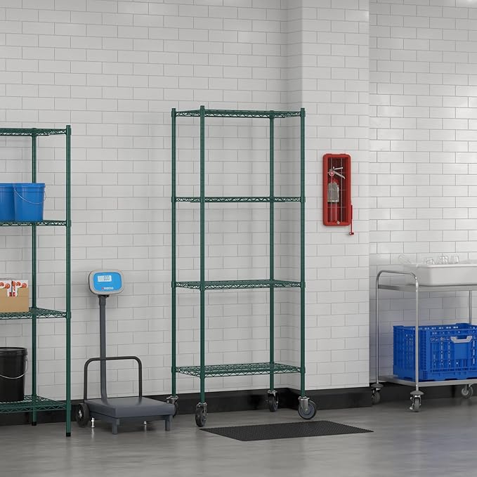 Commercial NSF Listed Green Epoxy Mobile Wire Shelving Kit 18" x 30" x 80", with 4 Shelves Perfect for Warehouse, Walk-in Refrigerator, Freezer, Grocery Store, Restaurant, Dishroom