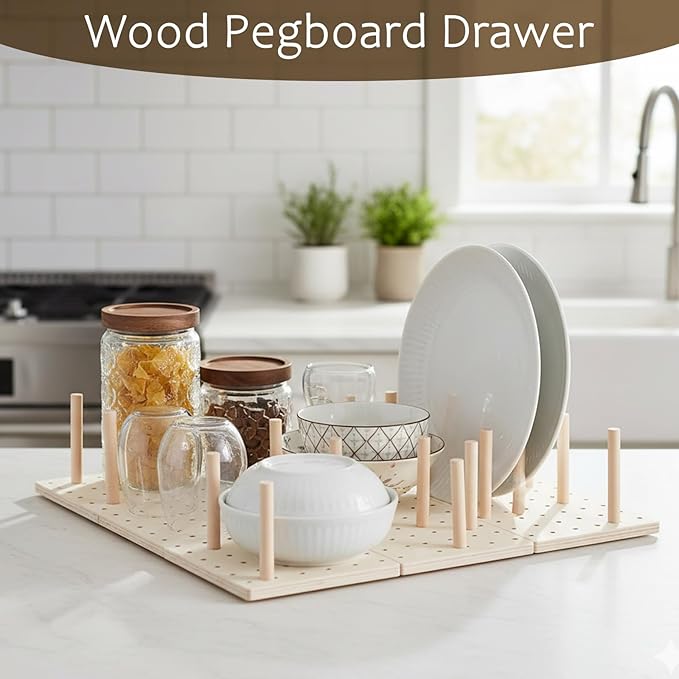 6 Pcs Wood Pegboard Drawer Organizer with 48 Pegs, Wooden Peg Board Drawer Shelf Organizer Adjustable Peg Drawers Organizers for Kitchen Dishes Plate Pegboard Food Containers(17x5.91, Wood)