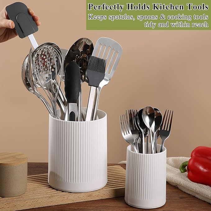 HOMQUEN 360° Rotating Utensil Holder, 6.3''+4.7'' Plastic Kitchen Utensil Holder for Countertop, Large Cooking Utensil Crocks for Kitchen Decor, Utensil Organizer for Spatula, Set of 2 (White)