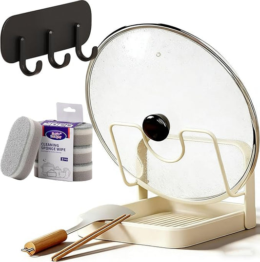 Kitchen Pot Lid Storage Rack, Pot Lid Holder While Cooking, Lid and Spoon Rest, Pot Lids Organizer, Multifunctional Kitchen Organizer Stand for Stove Top (Beige, Single-layer)