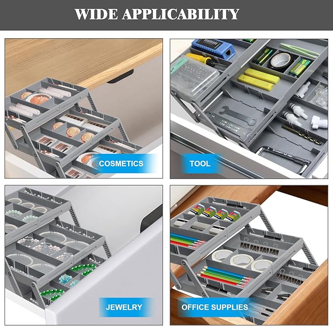 Smart Drawer Organizer Multi Level, Adjustable Folding Junk Drawer Organizer For Kitchen, Bathroom, Office, And Bedroom – Space-Saving Makeup Organizer (Grey)