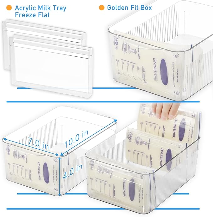 Breastmilk Storage Container with Freezer Flattener Kit, Large Capacity Organizer Bins for Flattening Milk Bags, Save Refrigerator Space (2 Pack)
