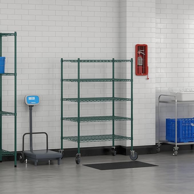 Commercial NSF Listed Green Epoxy Mobile Wire Shelving Kit 24" x 36" x 60", with 5 Shelves Perfect for Warehouse, Walk-in Refrigerator, Freezer, Grocery Store, Restaurant, Dishroom