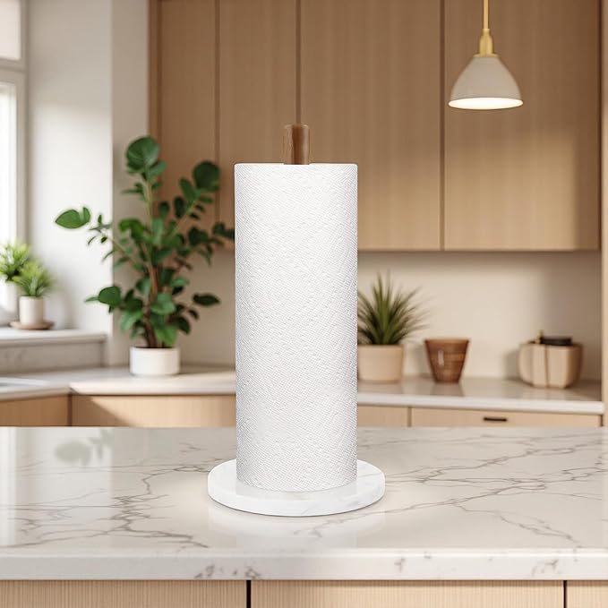 Buruis Wood Paper Towel Holder, Marble Base Modern Decorative Countertop Standing Rolls Holder for Kitchen, Toilet, Pantry and Bathroom (Marble Base White)