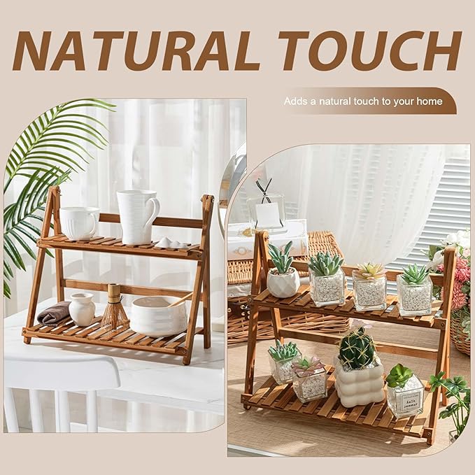 Matcha Station Shelf,15.7'' Coffee Station Organizer, 2 Tiers Bamboo Mug Holder Countertop,Desktop Flower Pot Rack for Home Living Room Window Sill Foldable Display Storage Shelf (Brown)