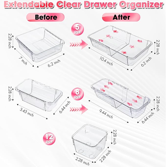 25-Piece Clear Drawer Organizer Set - Adjustable Acrylic Storage Bins with 3 Sizes for Makeup, Kitchen Utensils, Bedroom Dressers - Desk & Tool Organizer for Home, Office, Craft Rooms
